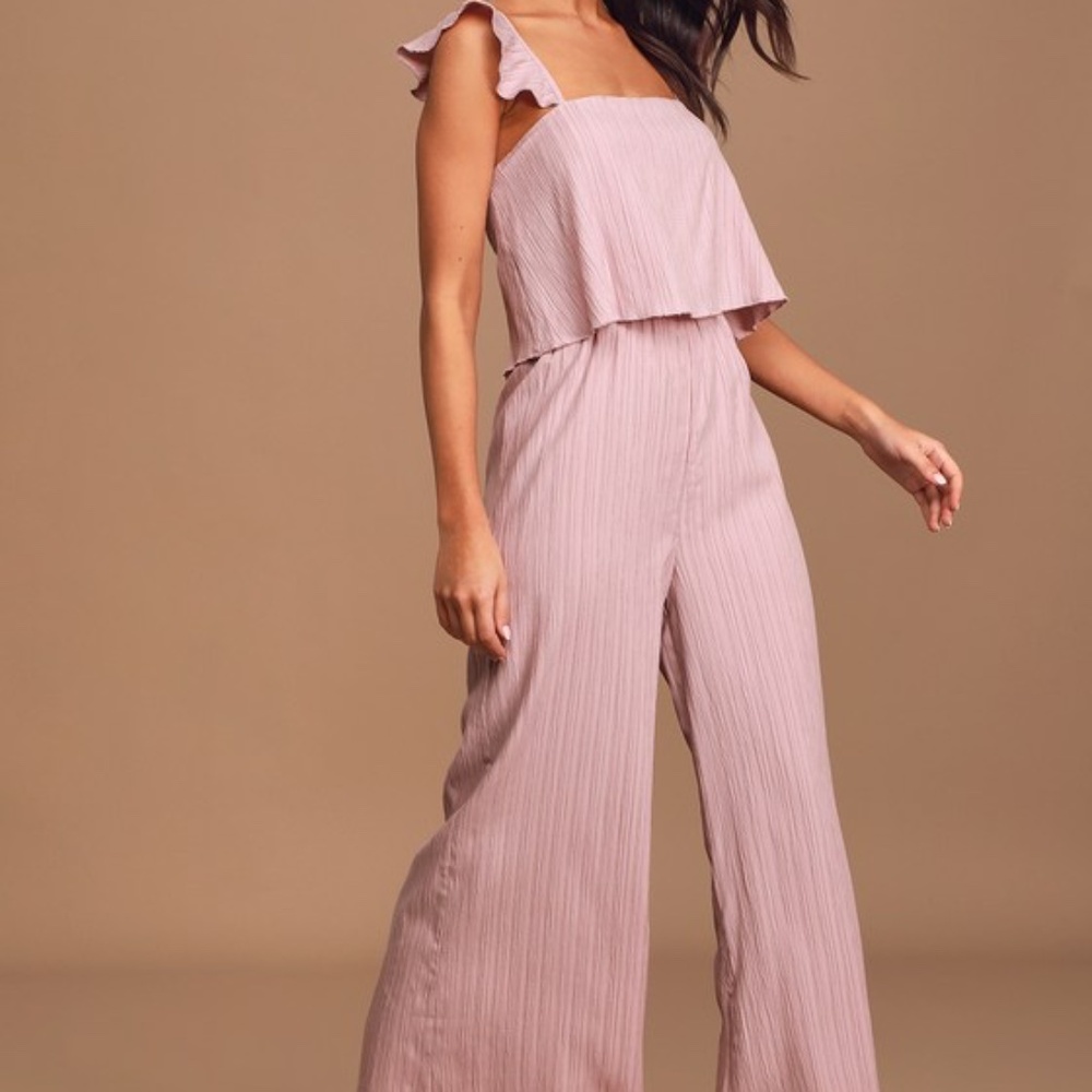 Lulu's Dusty Rose Pleated Ruffle-Strap Jumpsuit